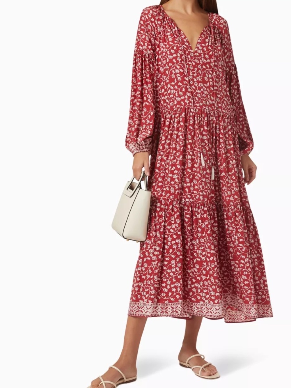 Natalie Martin Silk Briana Cherry Red White Floral Tiered Maxi Dress S
